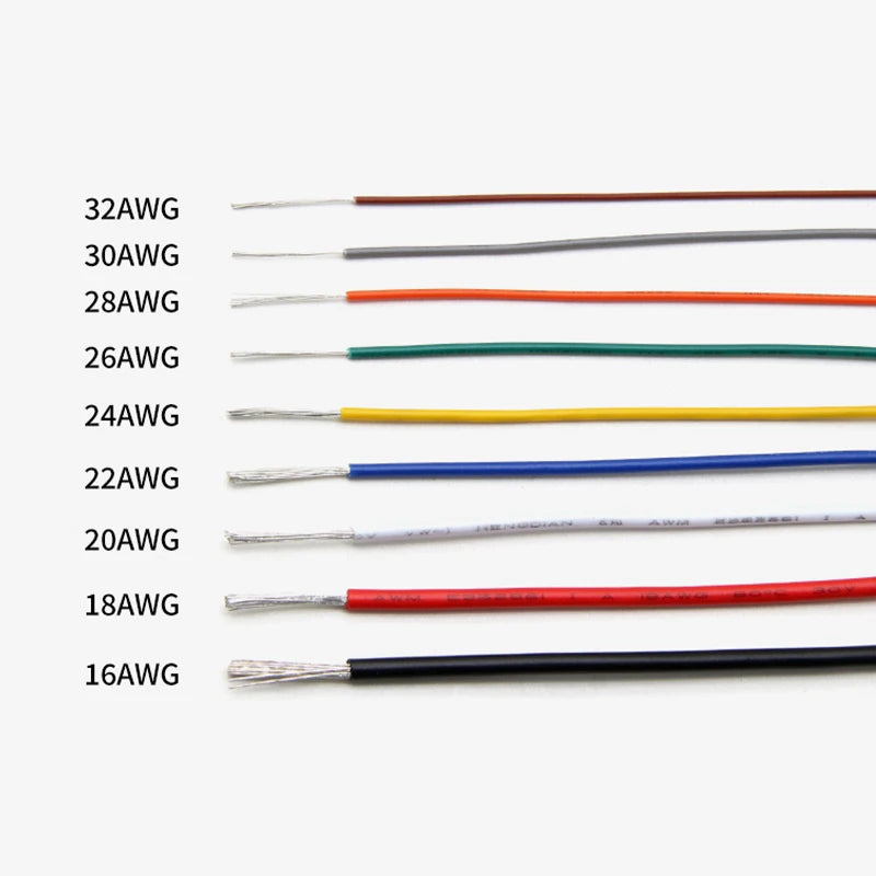 A collection of flexible LED wires labeled by AWG size, ranging from 16AWG to 32AWG.