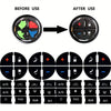 Before and after comparison of an AC control button decal repair kit for select GM vehicles.