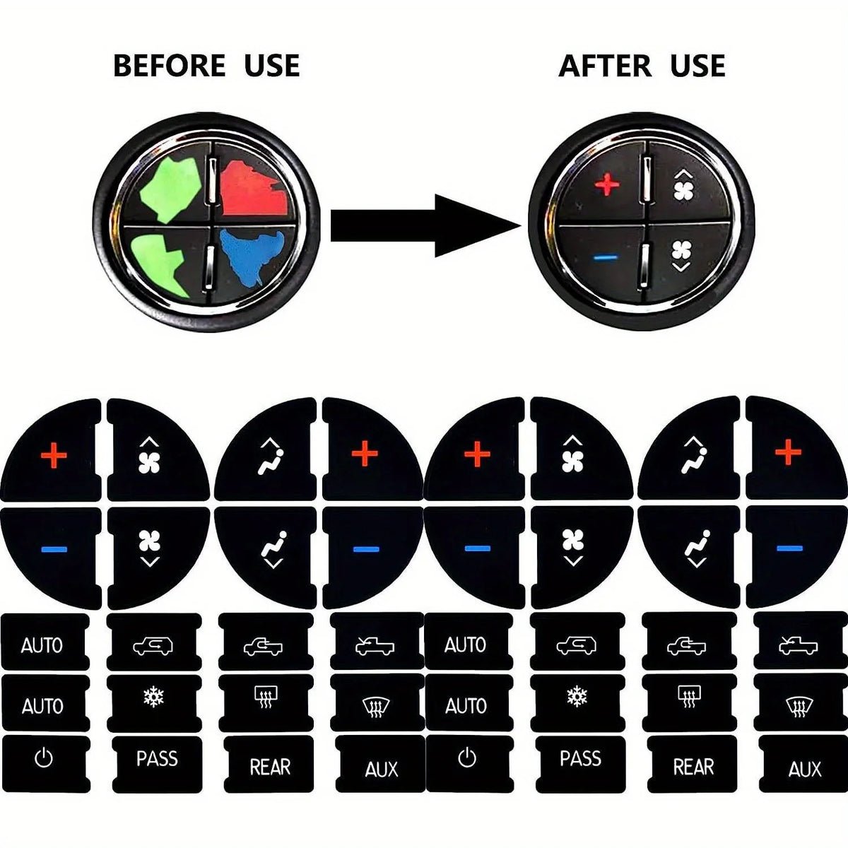 Before and after comparison of an AC control button decal repair kit for select GM vehicles.