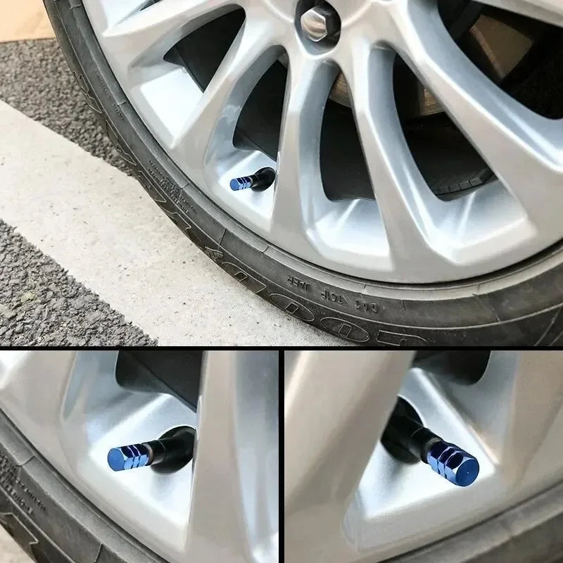 Close-up view of aluminum alloy tire valve caps inserted into the valve stem of a tire.