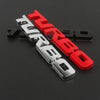 A set of three 3D metal alloy car modification badges spelling out TURBO in red, silver, and black.