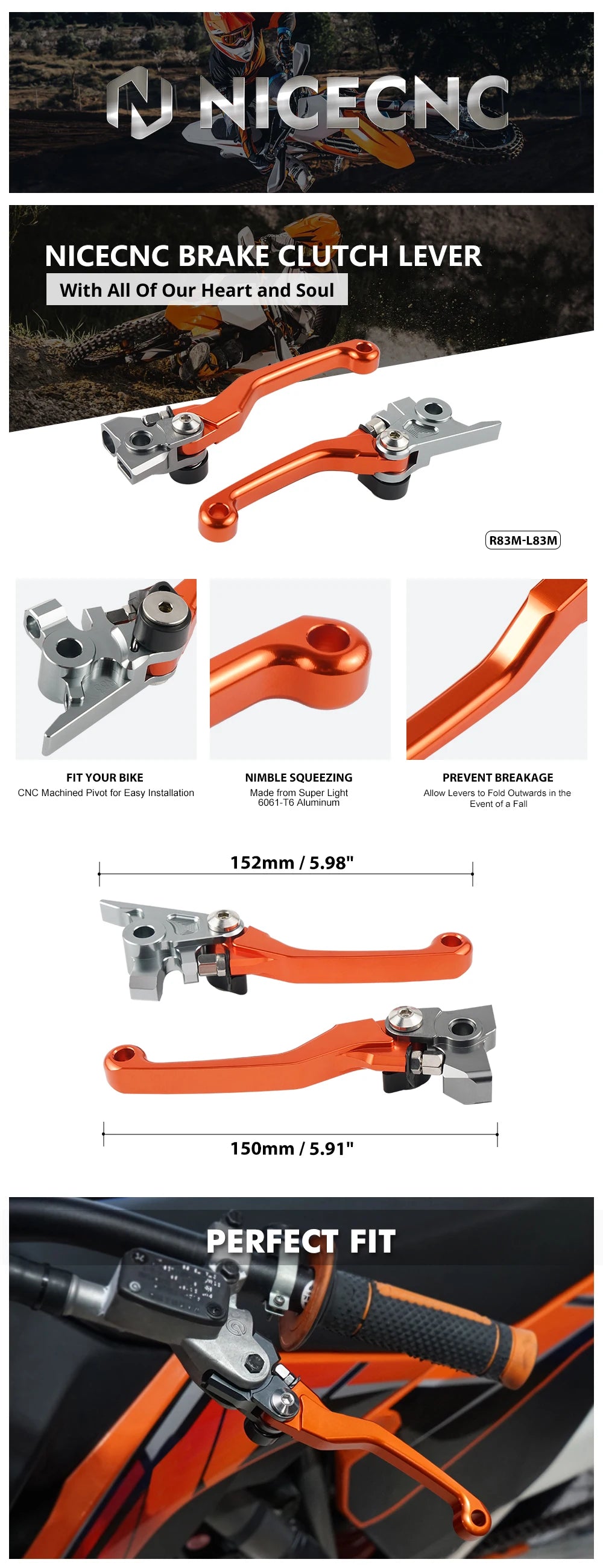 Close-up view of an orange and silver brake clutch lever assembly for off-road bikes.