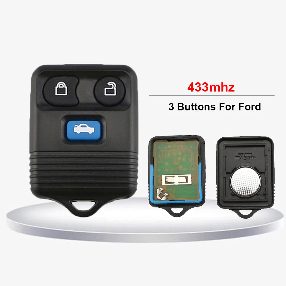 A black universal remote car key with three buttons for Ford models, shown next to its internal components.