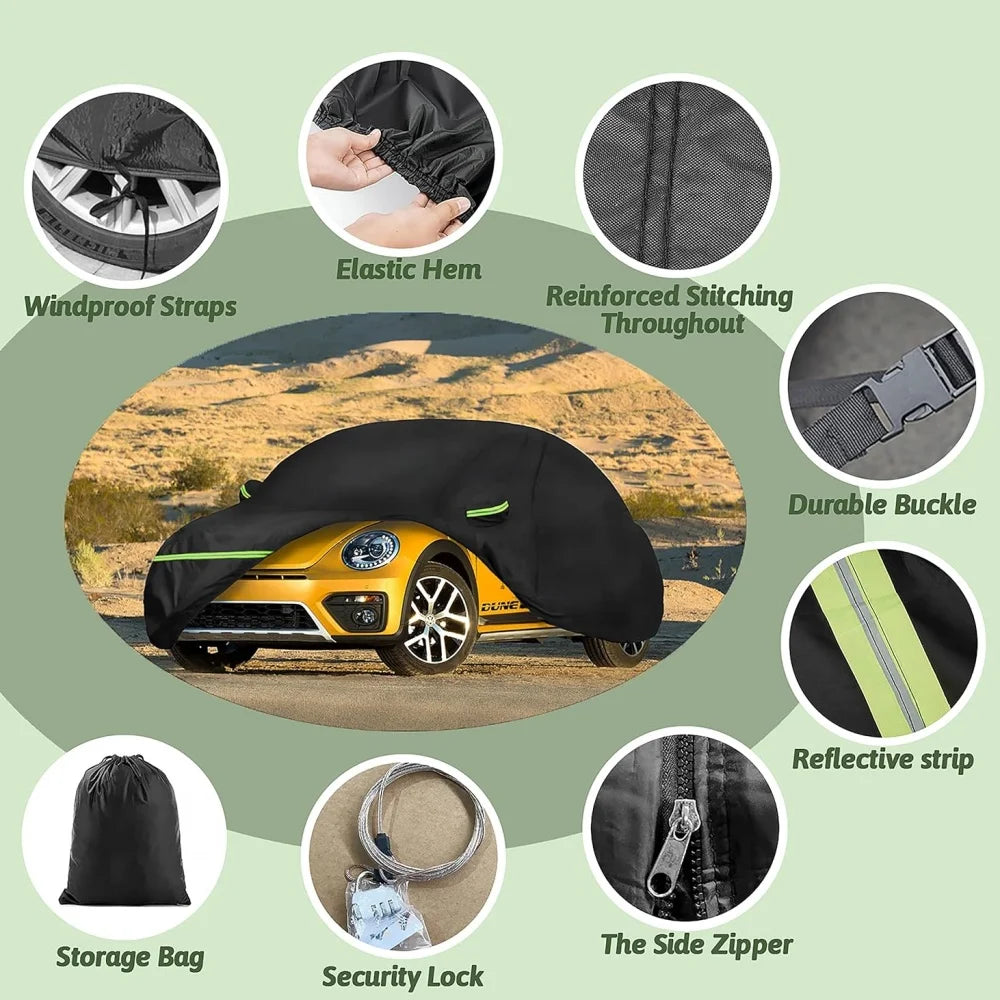 A black windproof car cover for a yellow VW New Beetle showing various features like reinforced stitching and storage bag.