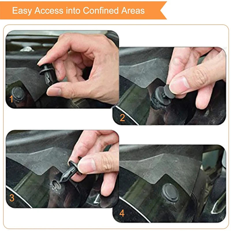 Hands are shown accessing and removing plastic fasteners from vehicle trim areas.