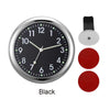 A round black stick-on car clock with silver casing and red buttons.