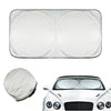 A folding car sunshade designed for windshield UV protection, shown in its flat and folded forms.