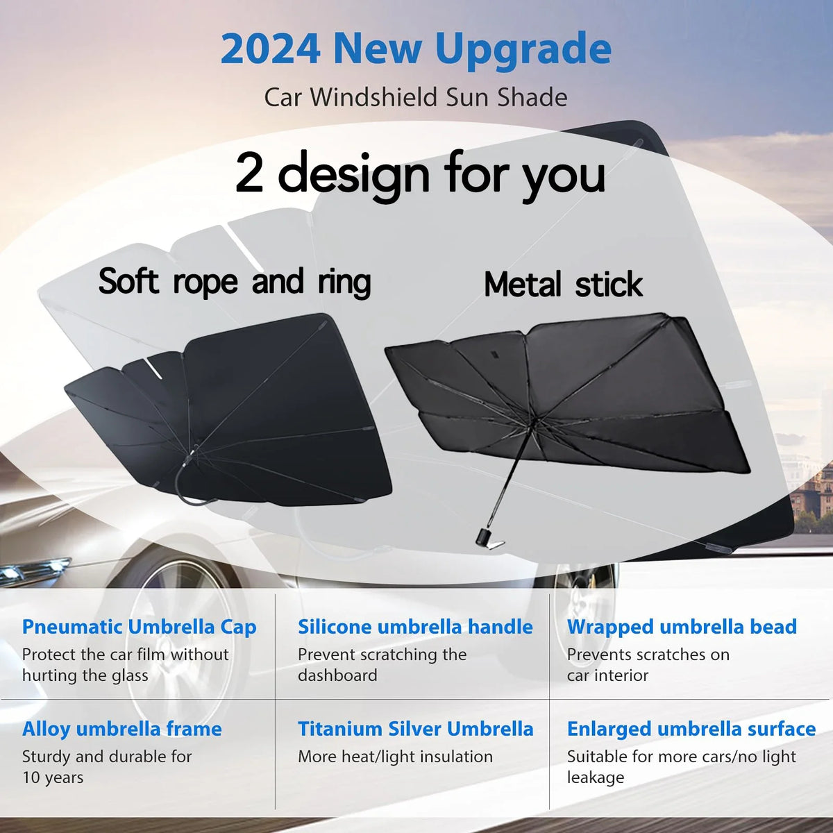 Two designs of foldable car windshield sunshades are shown: soft rope and ring, and metal stick.