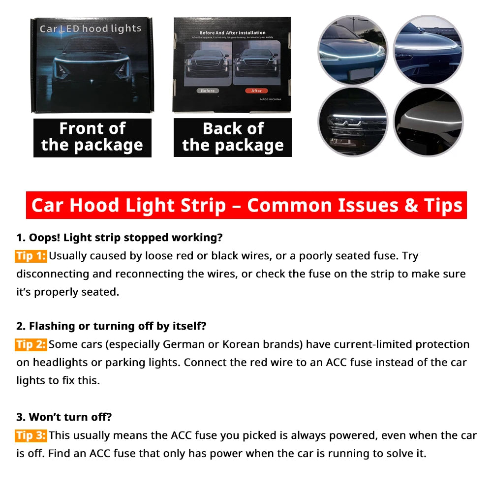 Packaging and installation guide for a Dynamic LED Car Hood Light Strip showing before and after results.