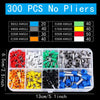 A collection of 300 pieces of various crimping terminals and pliers, categorized by size and color.
