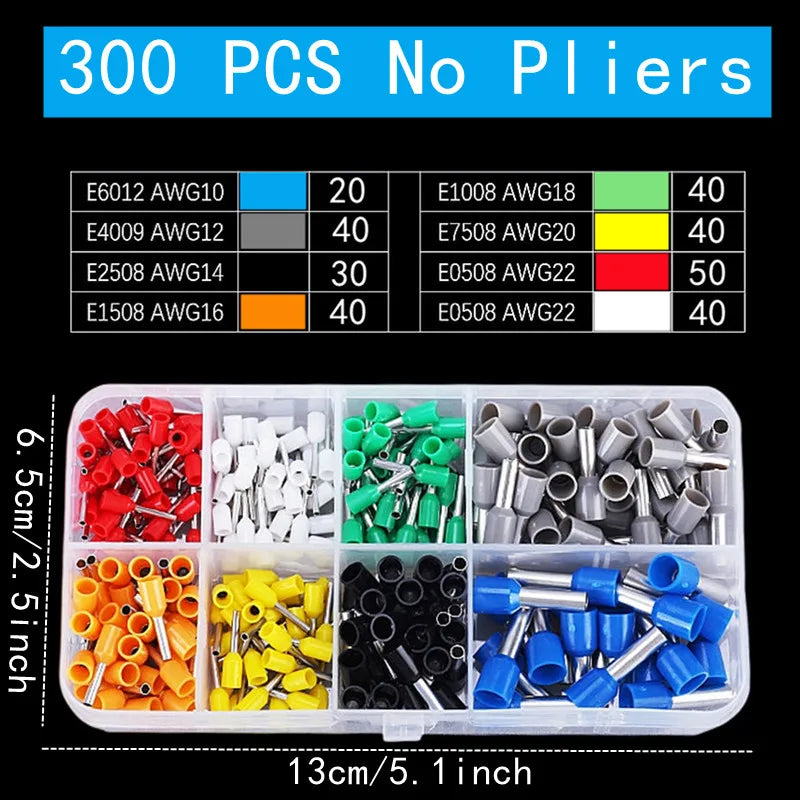 A collection of 300 pieces of various crimping terminals and pliers, categorized by size and color.