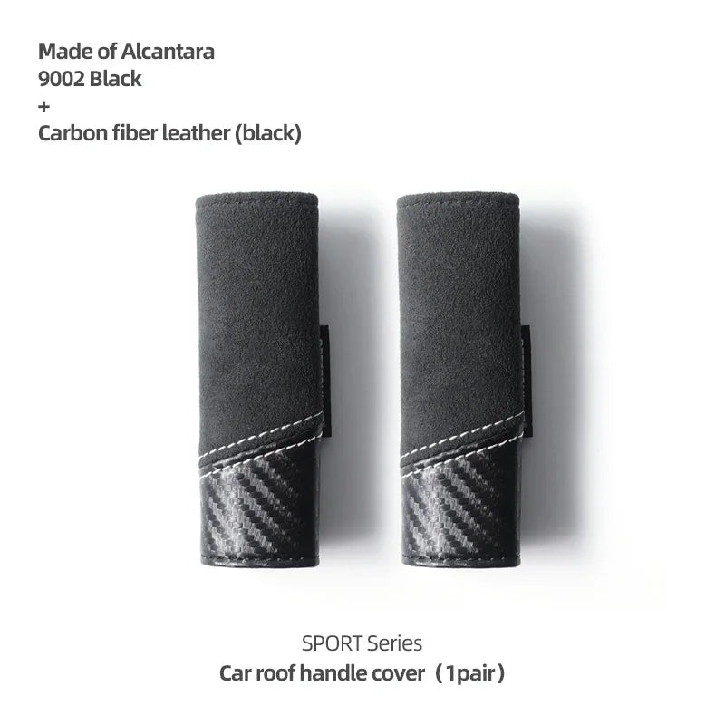 Black Alcantara and carbon fiber leather car roof handle cover pair.