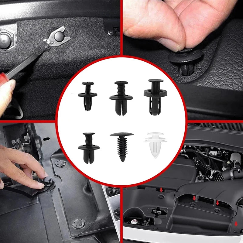 Collection de clips et vis en plastique universels pour panneaux de carrosserie automobile.