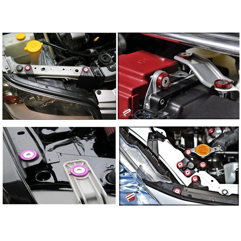 Close-up views of an aluminum fender fasteners kit used for automotive bodywork and repair.