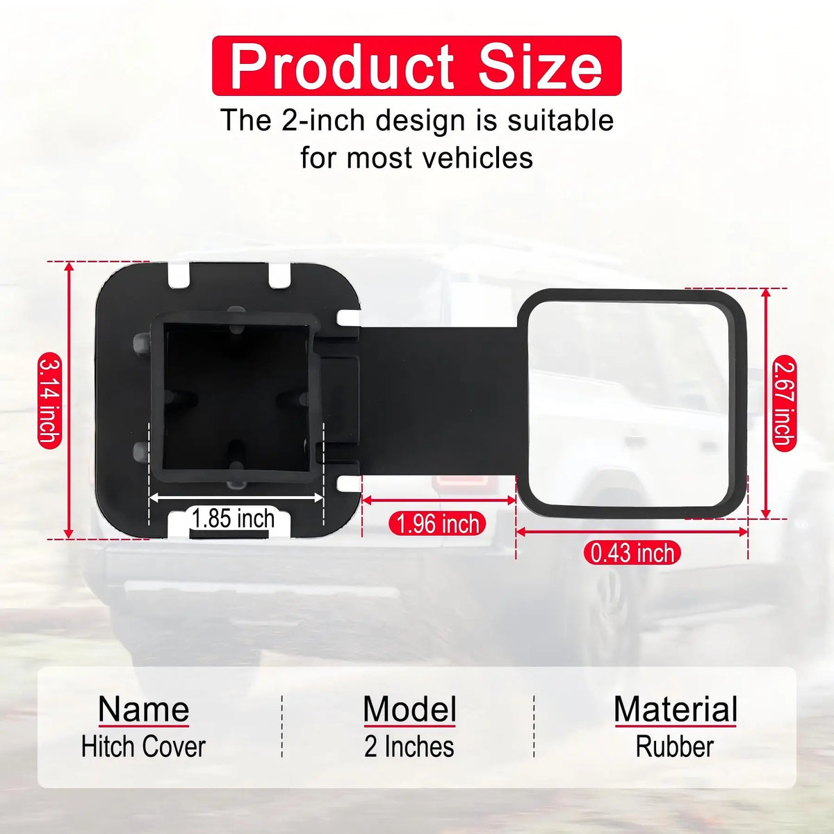 Black 2-inch hitch cover designed for most vehicles, showing dimensions and material.