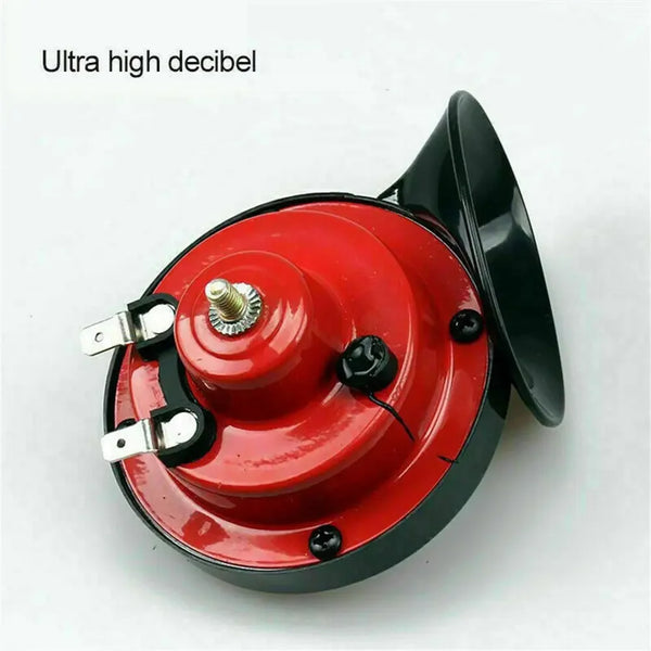 A red automotive horn with a black housing and silver mounting hardware.