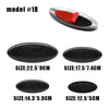 A set of black Ford aluminum hood and trunk emblem badges with various sizes.
