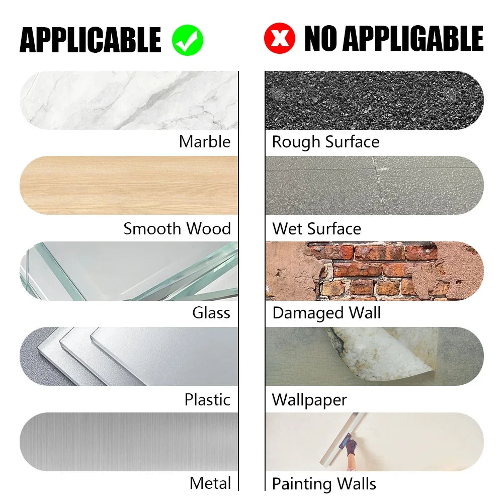 Comparison chart showing which surfaces are applicable and not applicable for heavy duty double-sided adhesive pads