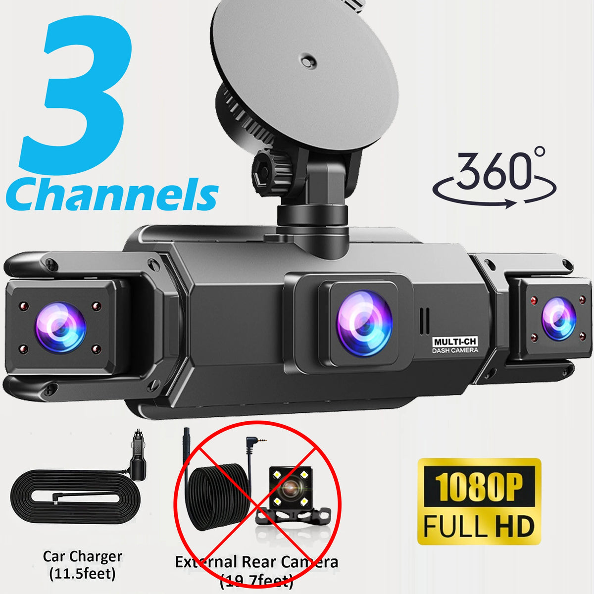 A multi-channel 360 degree dash camera with four cameras and an external rear camera for vehicle surveillance.