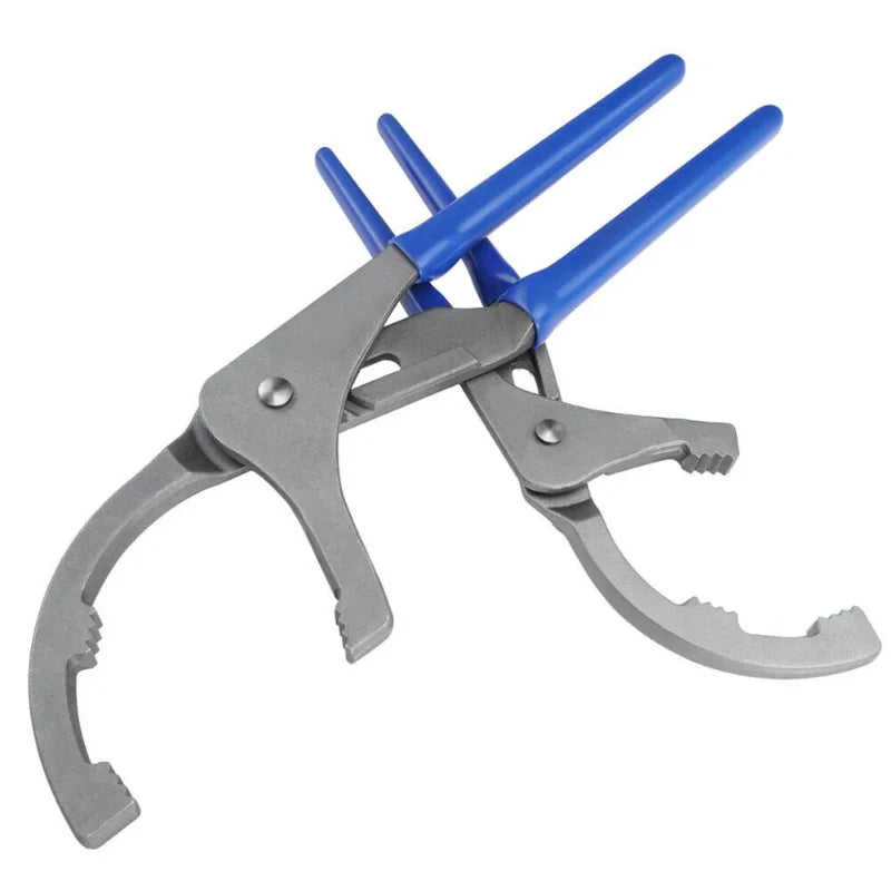 A pair of blue and gray adjustable oil filter pliers or wrench tool.