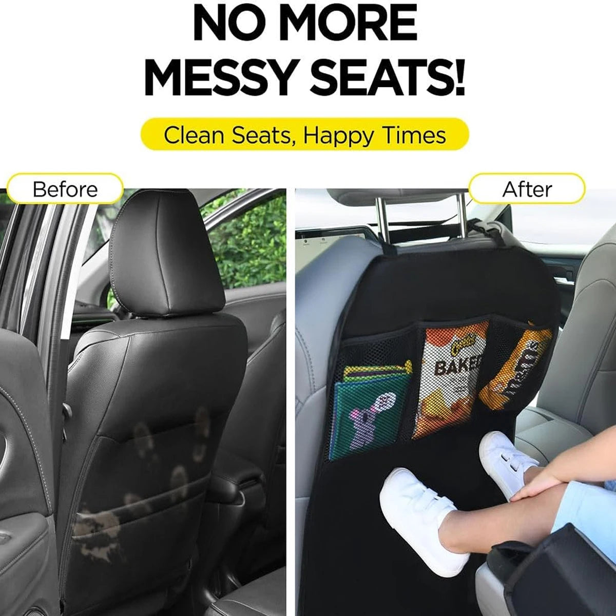 Comparación antes y después de una funda para asiento trasero de coche con bolsillos de almacenamiento, limpiando asientos de