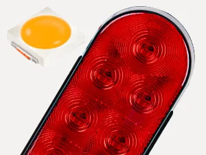لقطة مقربة لمصباح خلفي لحاويات LED أحمر بعدة عدسات دائرية ومصدر ضوء برتقالي قريب.