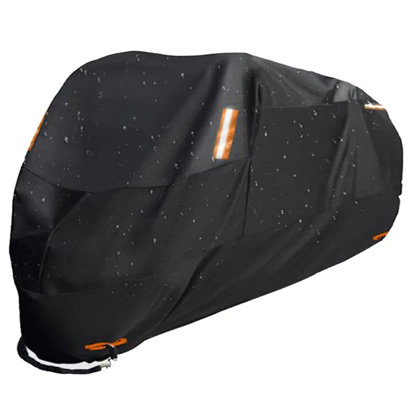 Black heavy-duty motorcycle protective cover with orange accents