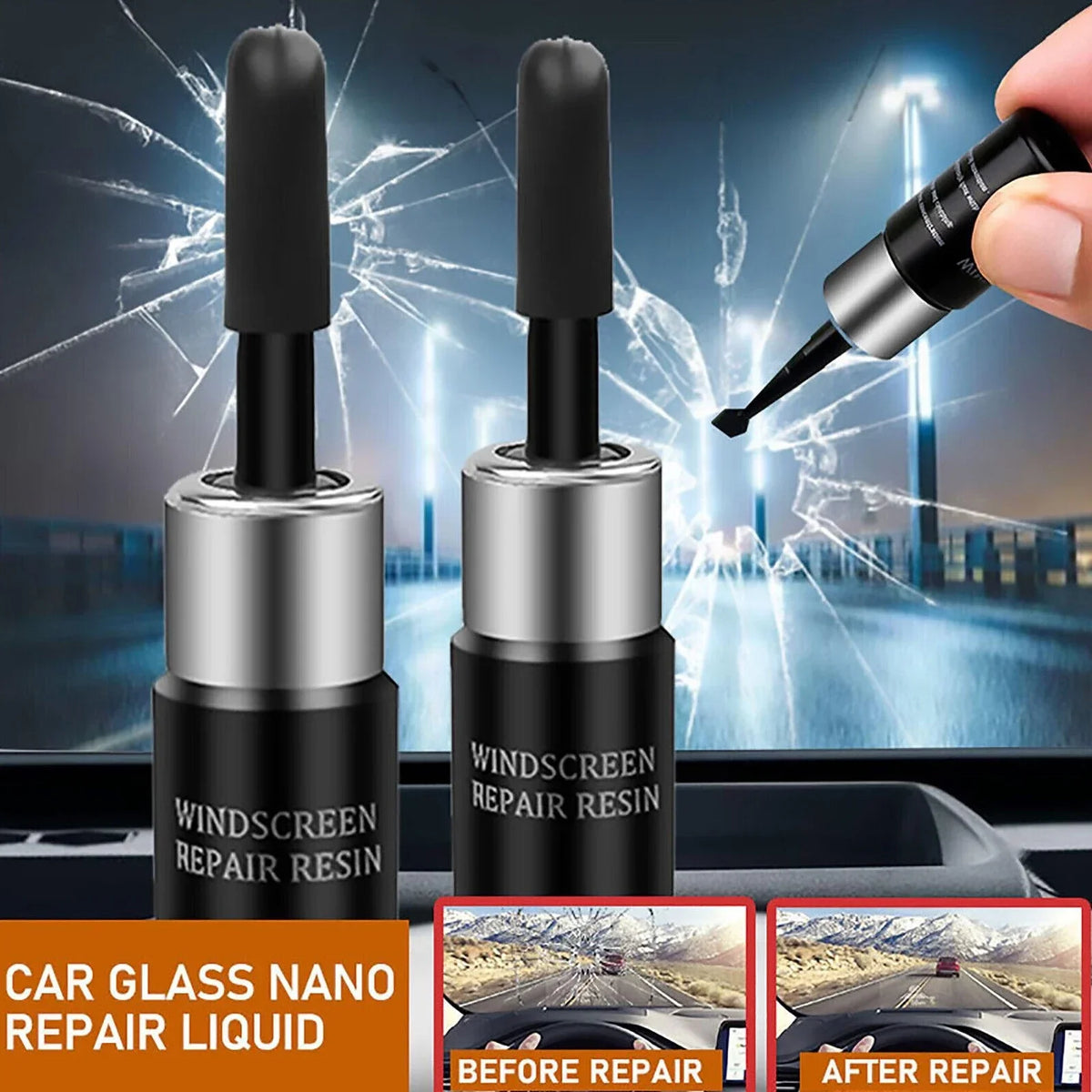 A kit for car glass nano repair liquid showing two resin tubes and an applicator being used on a cracked windshield.