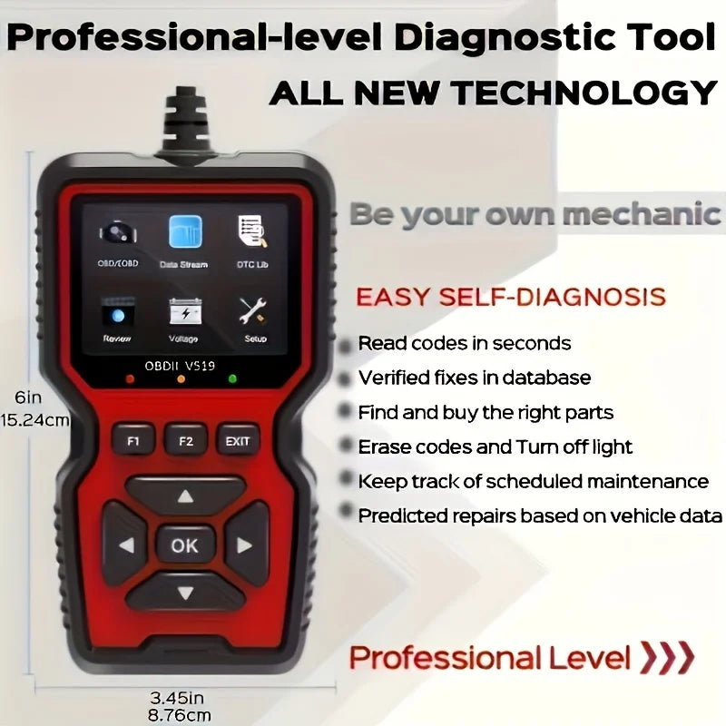 A red professional-level diagnostic tool for OBD2 scanning with a digital display and buttons.