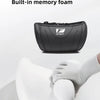 Black built-in memory foam neck pillow being used on a person's neck.