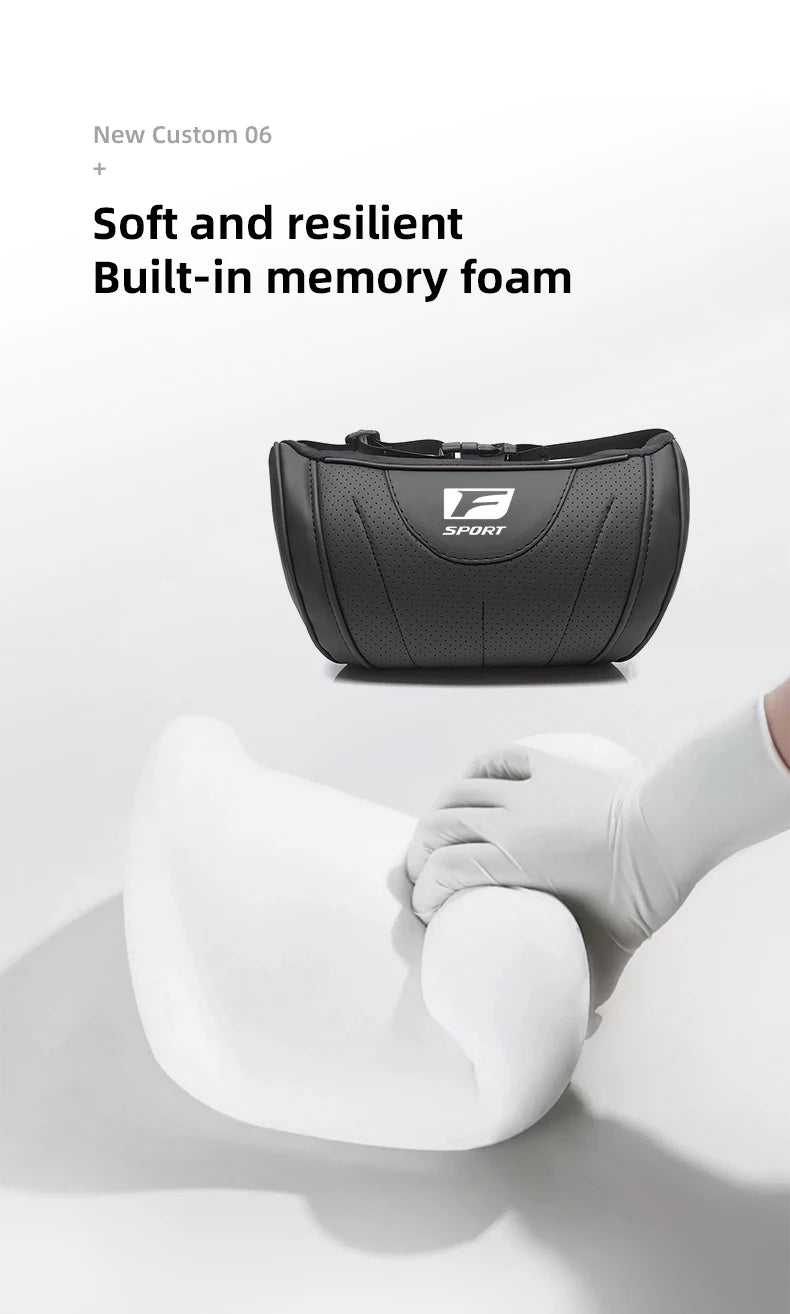 Black built-in memory foam neck pillow being used on a person's neck.