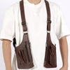 A brown tactical double shoulder crossbody bag worn by a person, shown against a white shirt.