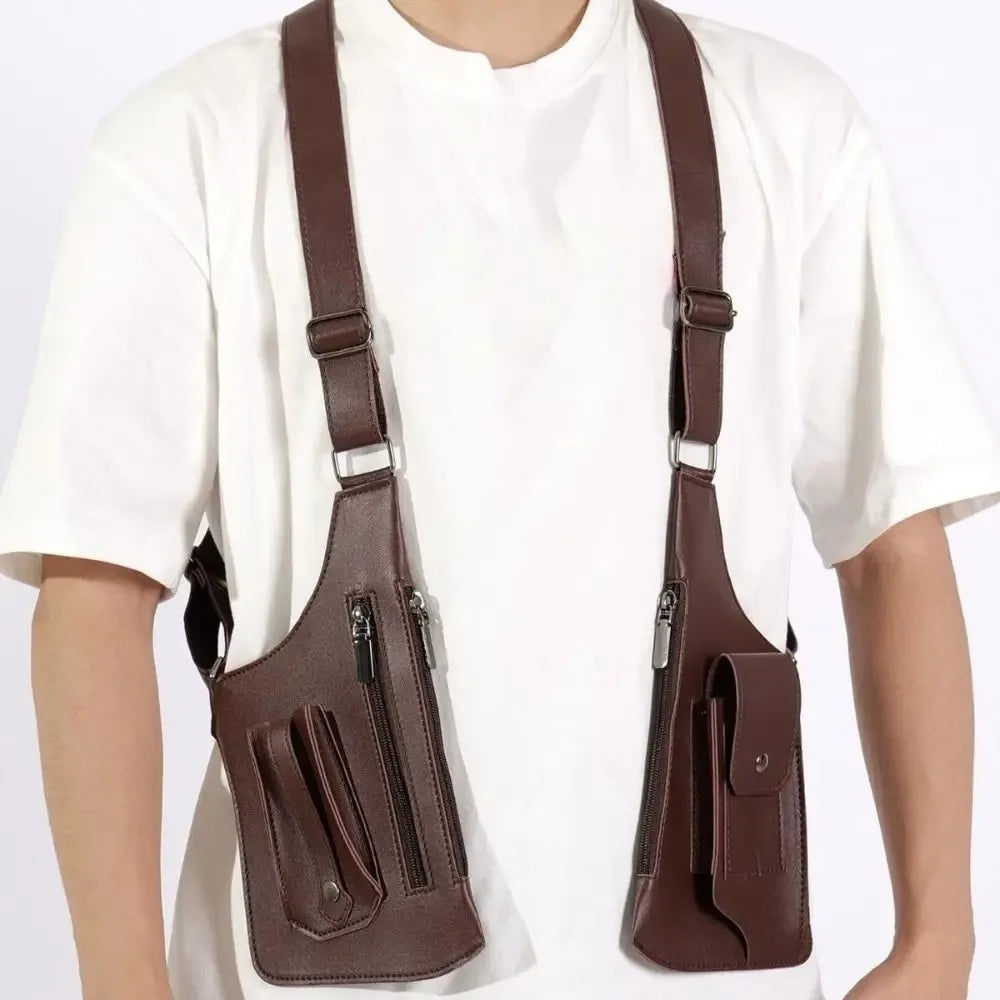 A brown tactical double shoulder crossbody bag worn by a person, shown against a white shirt.