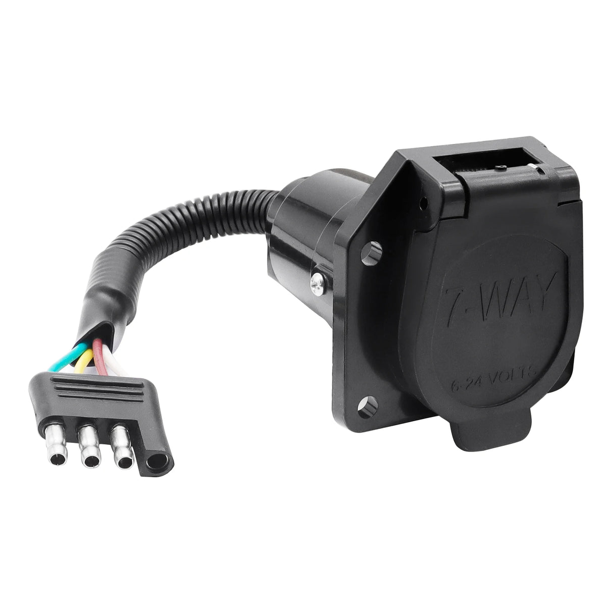 Black 4-pin flat to 7-way round trailer adapter with mounting bracket and waterproof cover