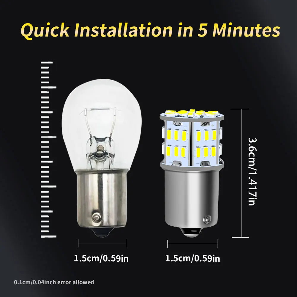 A white LED light bulb and a silver housing for brake and reverse lights, demonstrating quick installation.