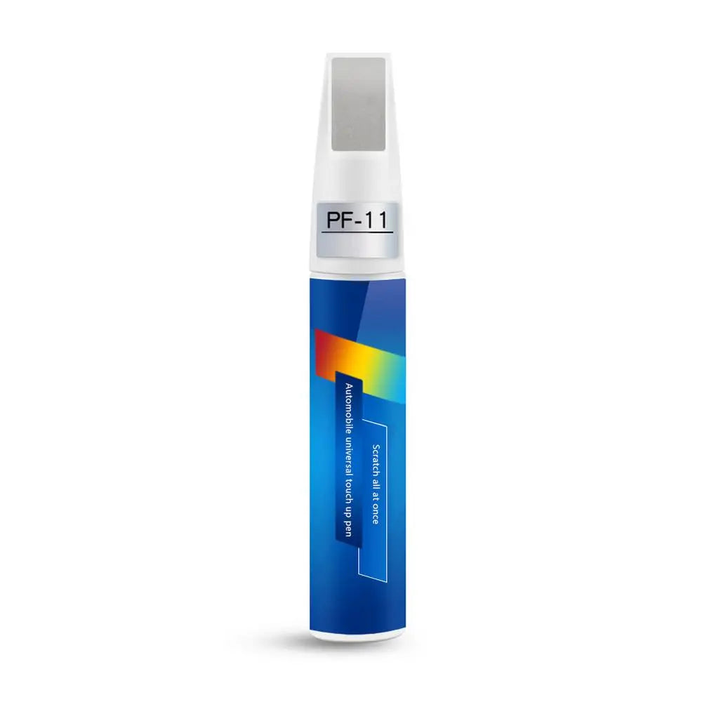A white car touch-up paint pen with a blue body and a silver cap, featuring a brush and pen tips.