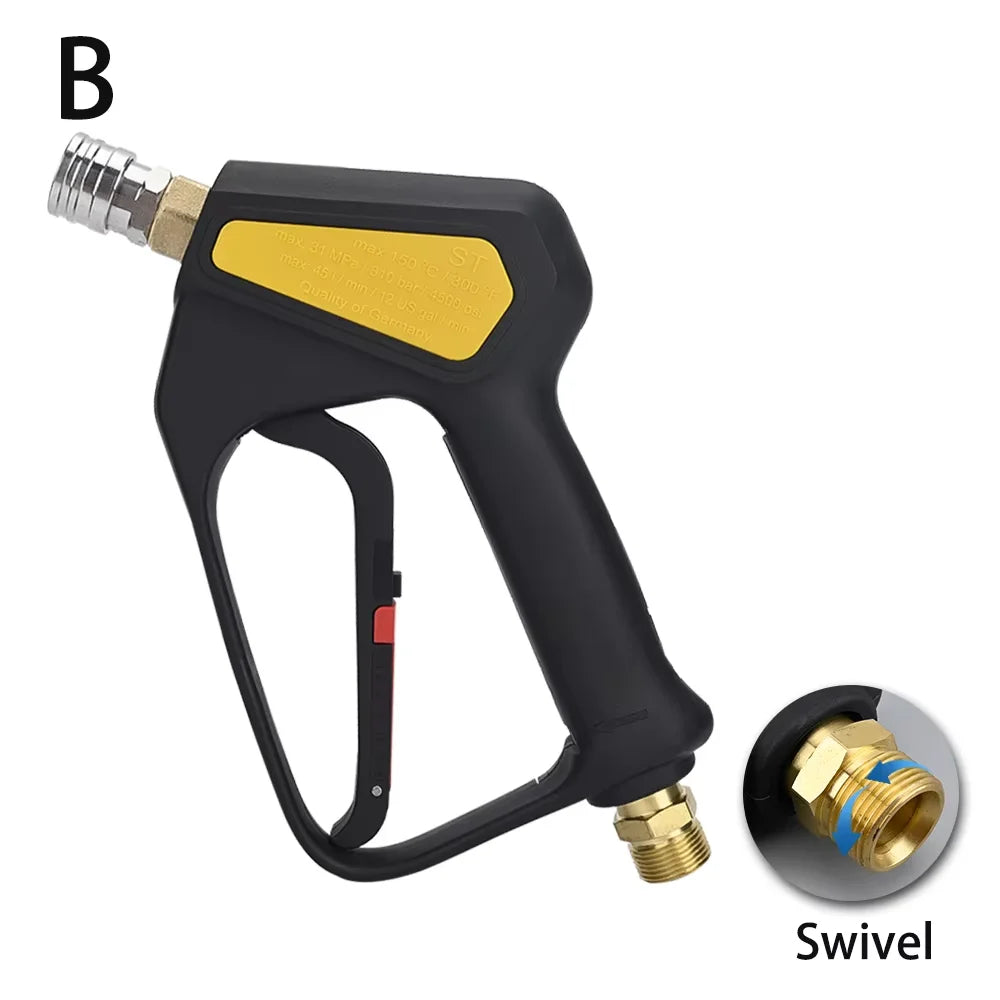 A black high-pressure short trigger spray gun with a yellow grip and a 1/4 inch quick connector fitting.