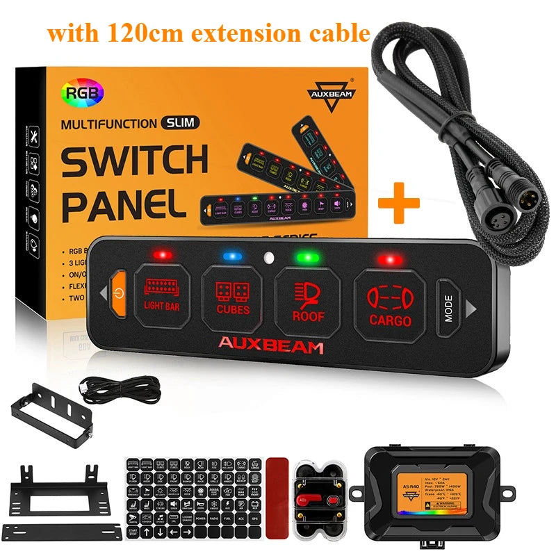An RGB slim switch panel with various modes and a wireless extension cable and remote control.