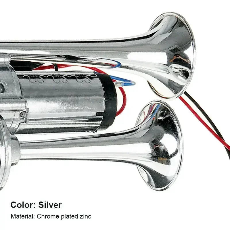 Silver chrome plated zinc air horn kit with a cylindrical body and a flared horn.
