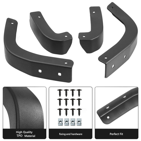 Juego de tapones de barro negros para Chevrolet Silverado 1500, incluyendo varias formas y hardware de montaje.