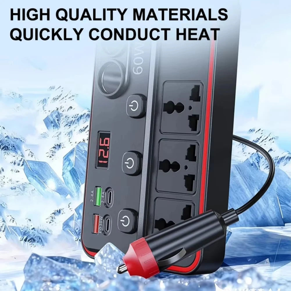 Un onduleur portable avec un affichage numérique de 12,6 volts, dans un environnement enneigé.