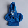 A bright blue gear shift hoodie cover with a white drawstring and black accents.