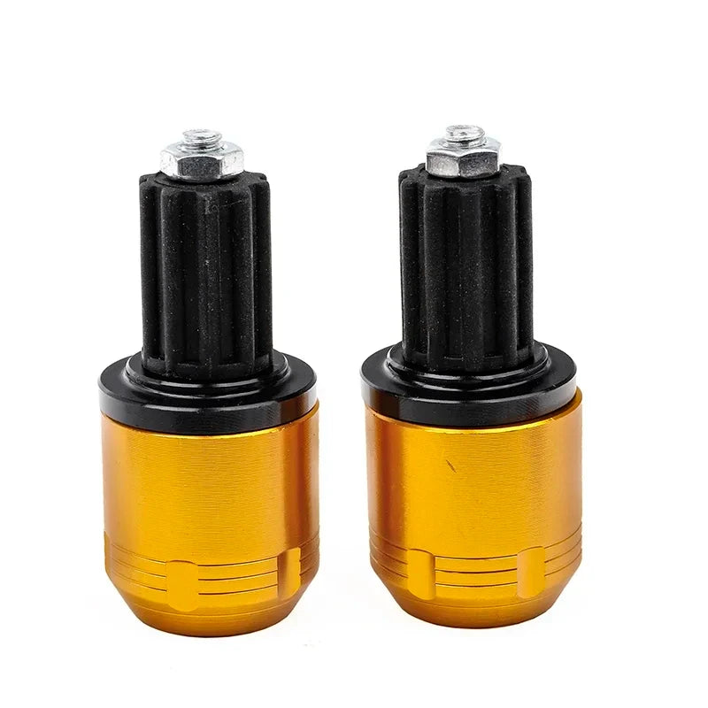 A pair of universal motorcycle handlebar end plugs with black and gold metal components.