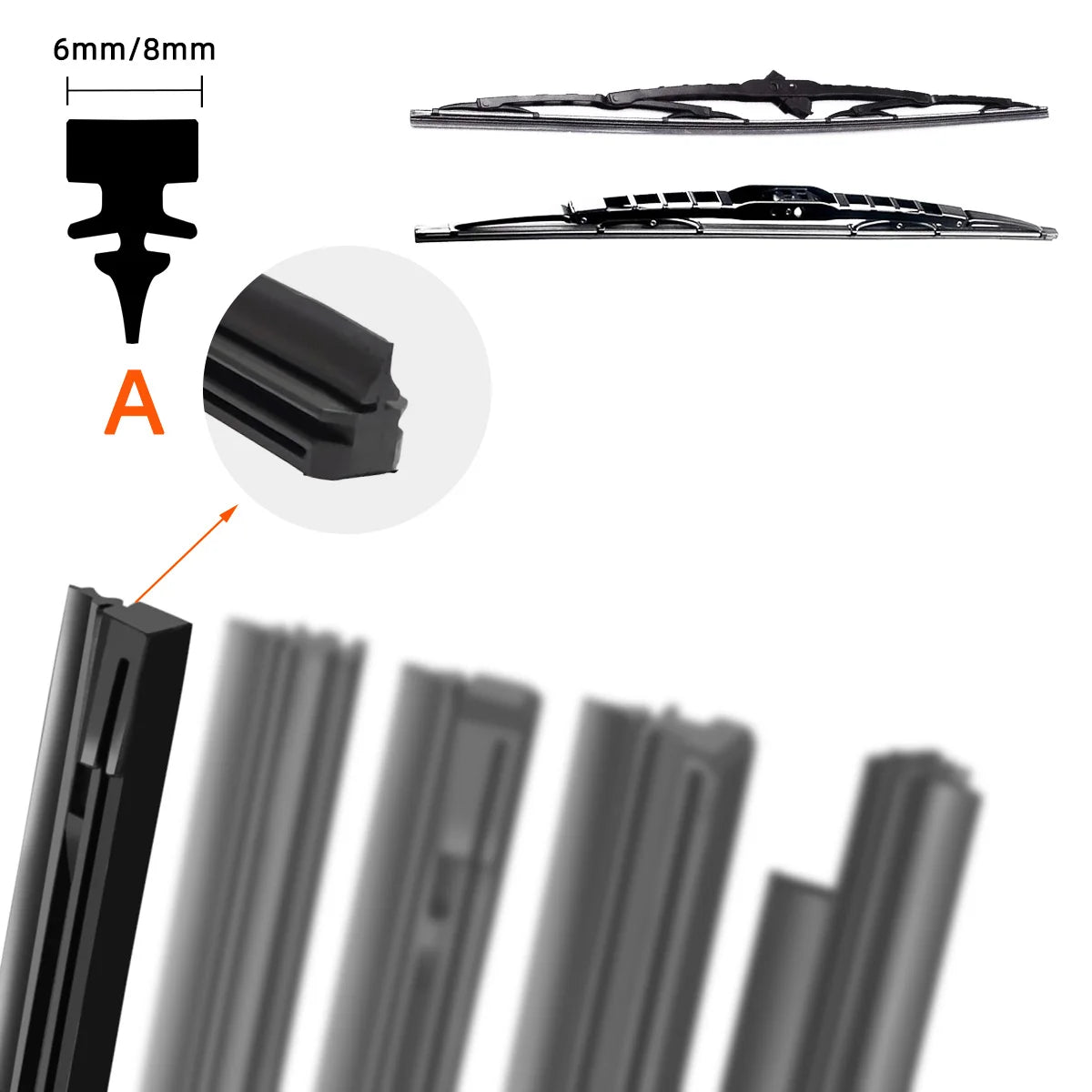 A set of black wiper blade refill rubber strips and a single strip are shown with a dimension marker.