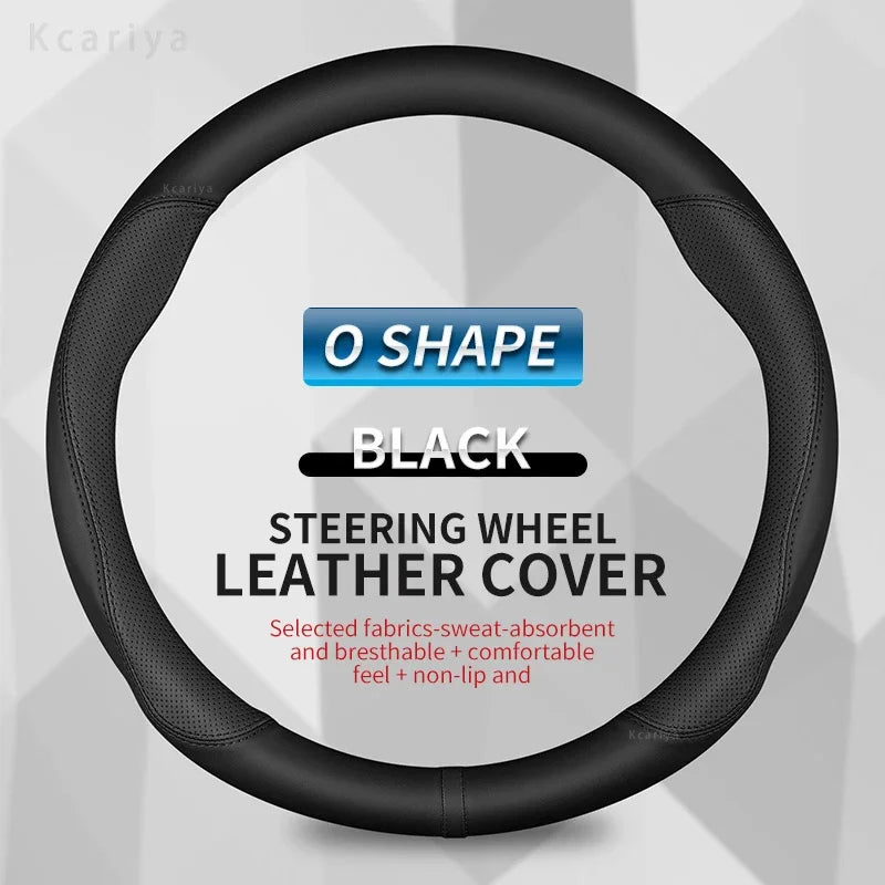 Black O Shape leather cover steering wheel for a car