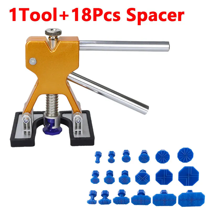 A set of 1 tool and 18 pieces of spacer for professional car dent repair.