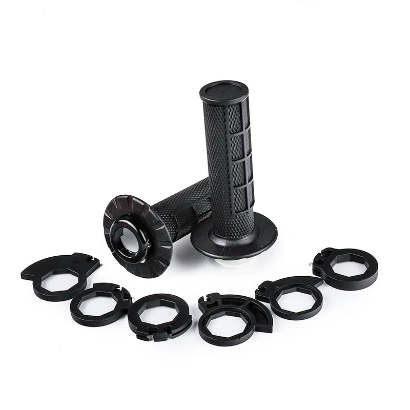 Black universal motorcycle handlebar grips and mounting hardware.
