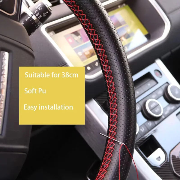 Close-up of a black steering wheel cover with red stitching, suitable for 38cm, showing easy installation.