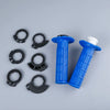 A collection of black and blue universal motorcycle handlebar grips and mounting rings.