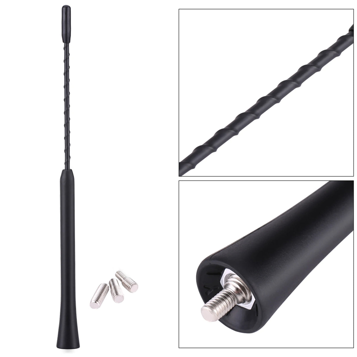 A black universal car radio antenna with a flexible wire and mounting threads.